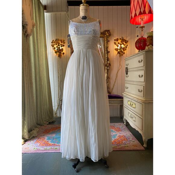 vintage 1960s white sequin and chiffon gown xs iridescent prom wedding formal 60 - Picture 11 of 12
